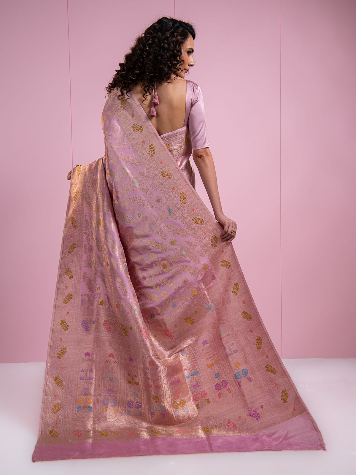 Pastel Pink Meenakari Katan Silk Handloom Banarasi Saree - Sacred Weaves