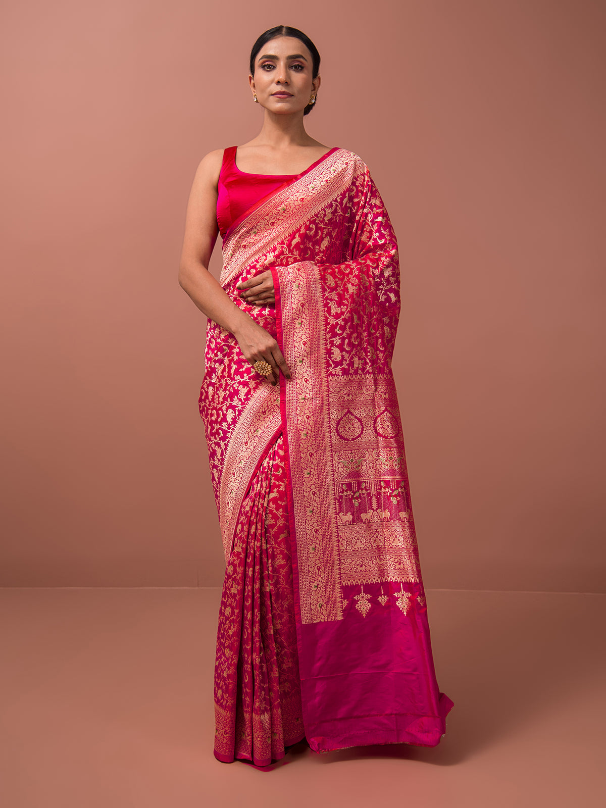 Magenta Red Shikargah Katan Silk Handloom Banarasi Saree