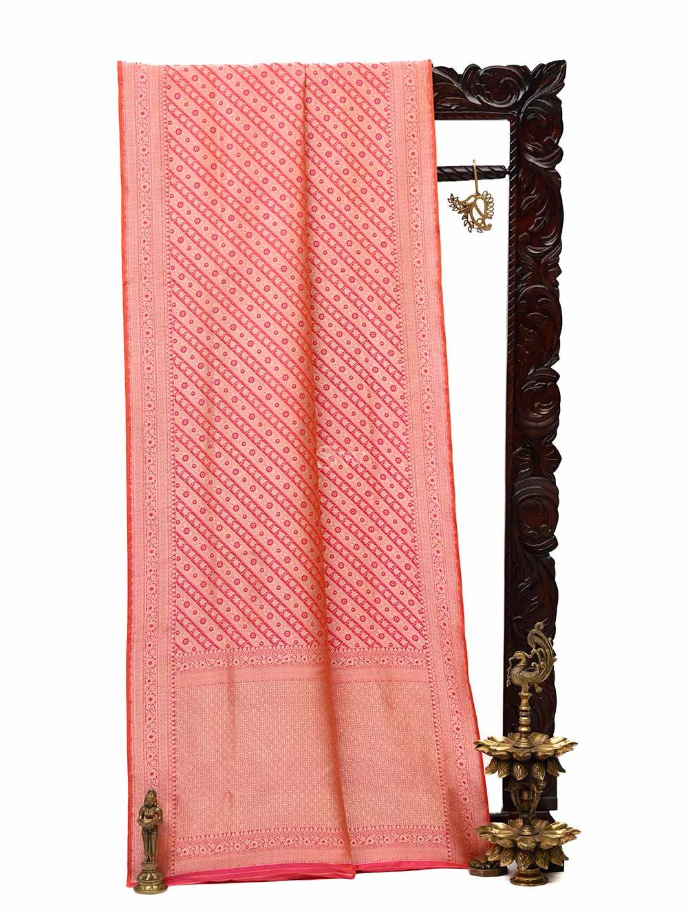 Orange Pink Brocade Katan Silk Handloom Banarasi Saree - Sacred Weaves