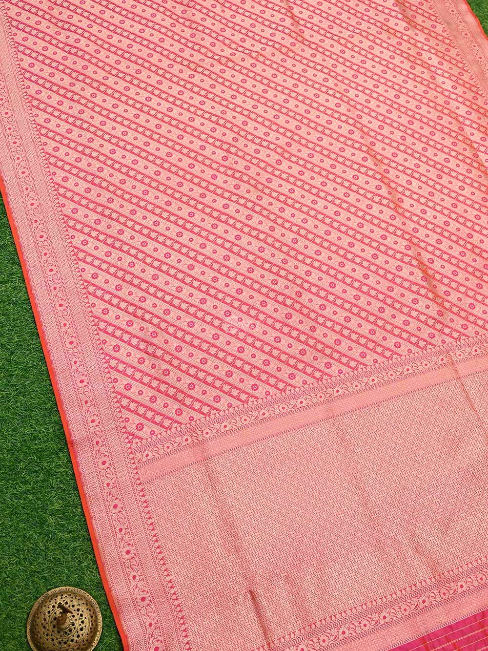 Orange Pink Brocade Katan Silk Handloom Banarasi Saree - Sacred Weaves