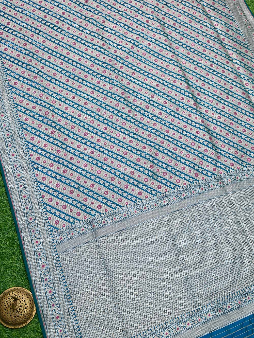Peacock Blue Brocade Katan Silk Handloom Banarasi Saree - Sacred Weaves
