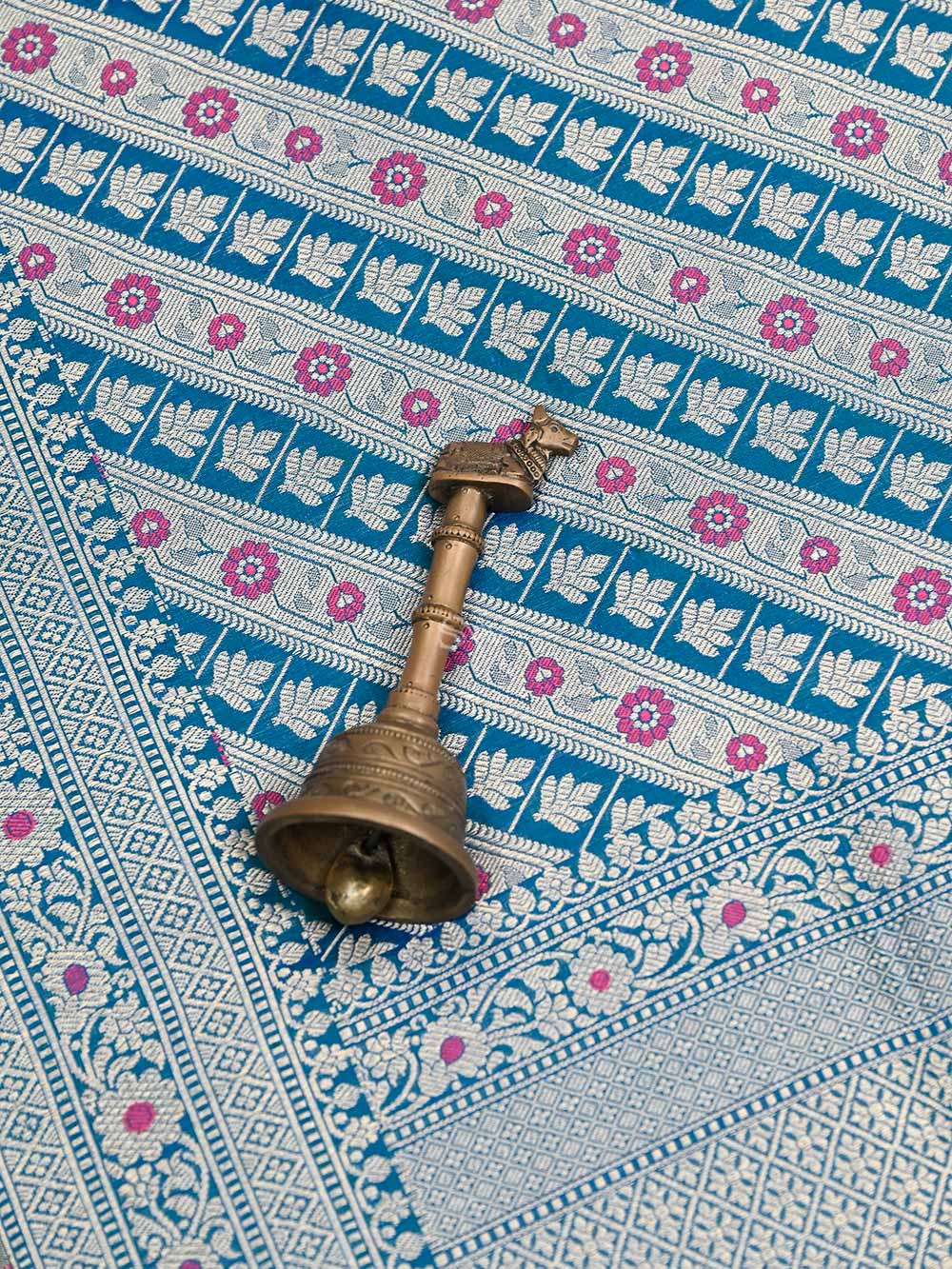 Peacock Blue Brocade Katan Silk Handloom Banarasi Saree - Sacred Weaves