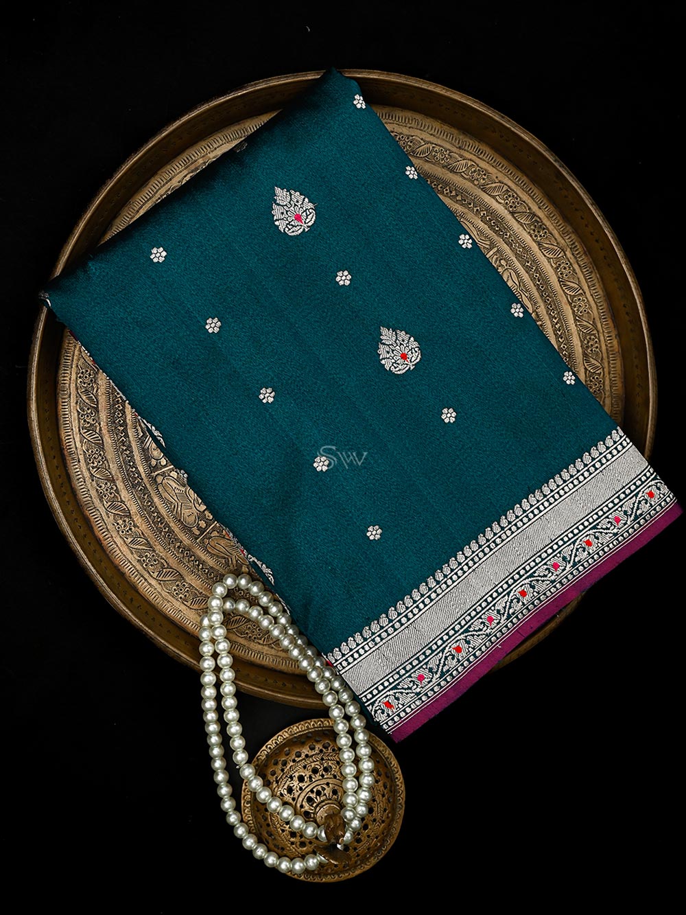 Teal Green Booti Tussar Silk Handloom Banarasi Saree