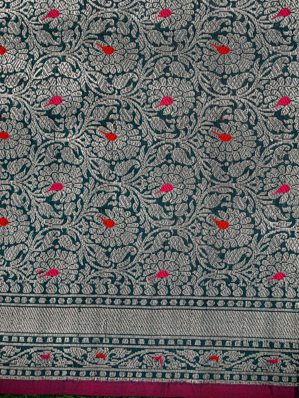 Teal Green Booti Tussar Silk Handloom Banarasi Saree