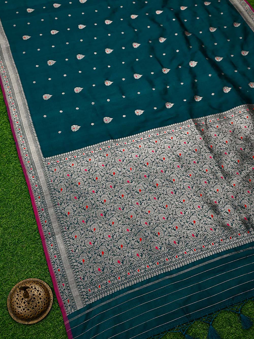 Teal Green Booti Tussar Silk Handloom Banarasi Saree
