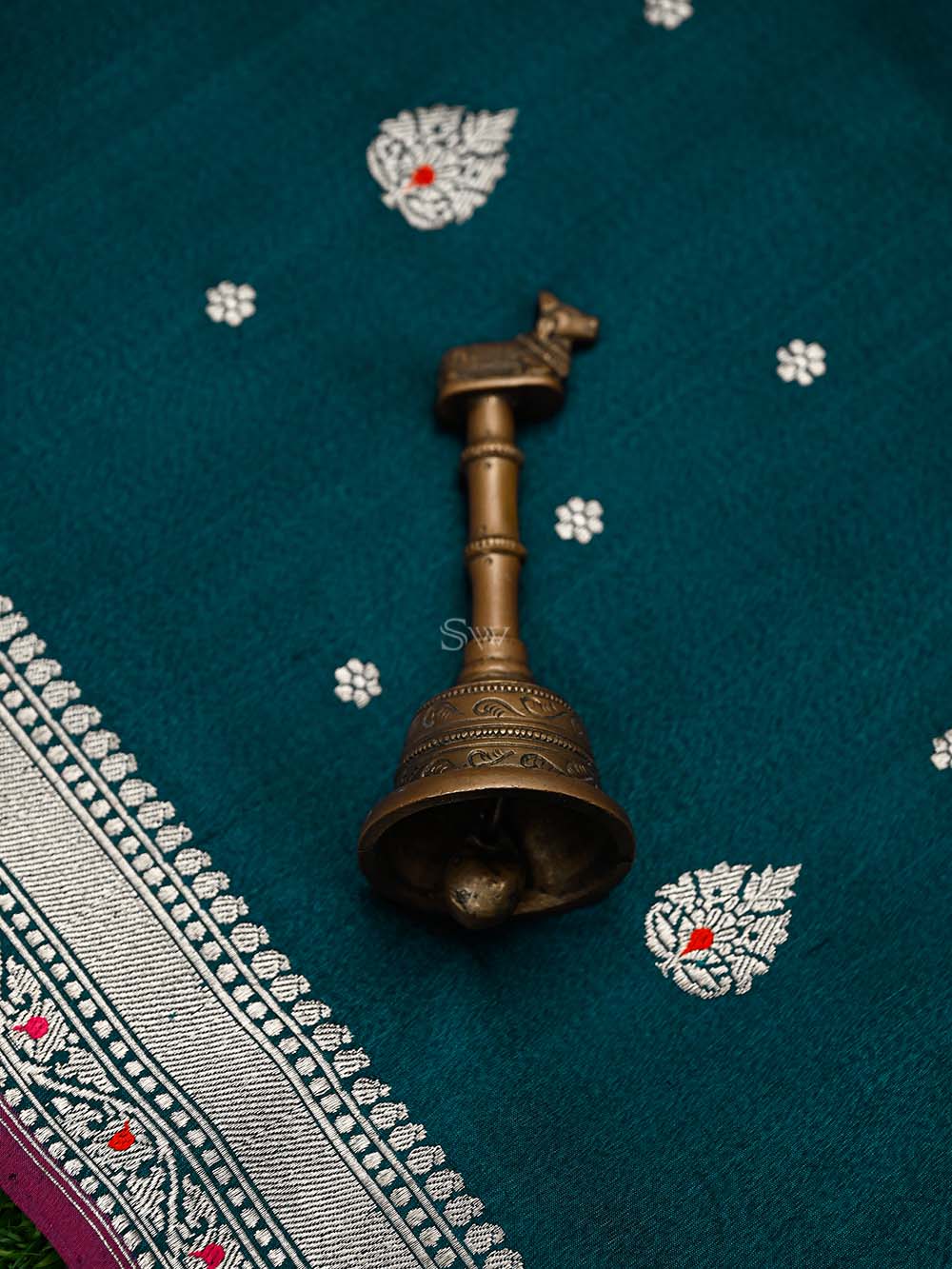 Teal Green Booti Tussar Silk Handloom Banarasi Saree