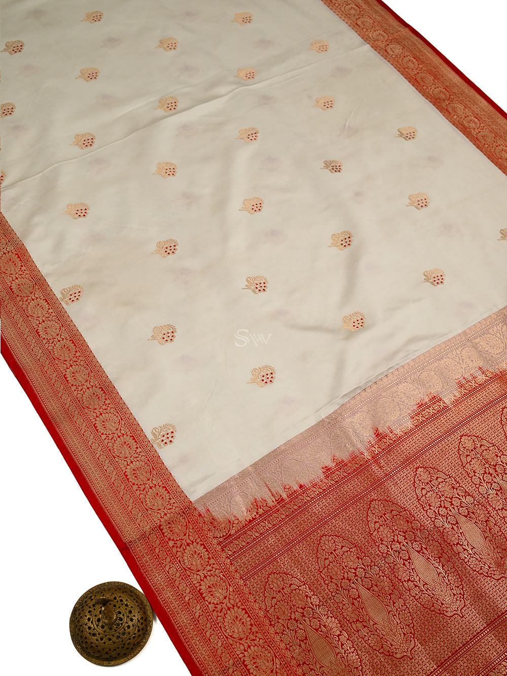White Booti Satin Silk Handloom Banarasi Saree - Sacred Weaves