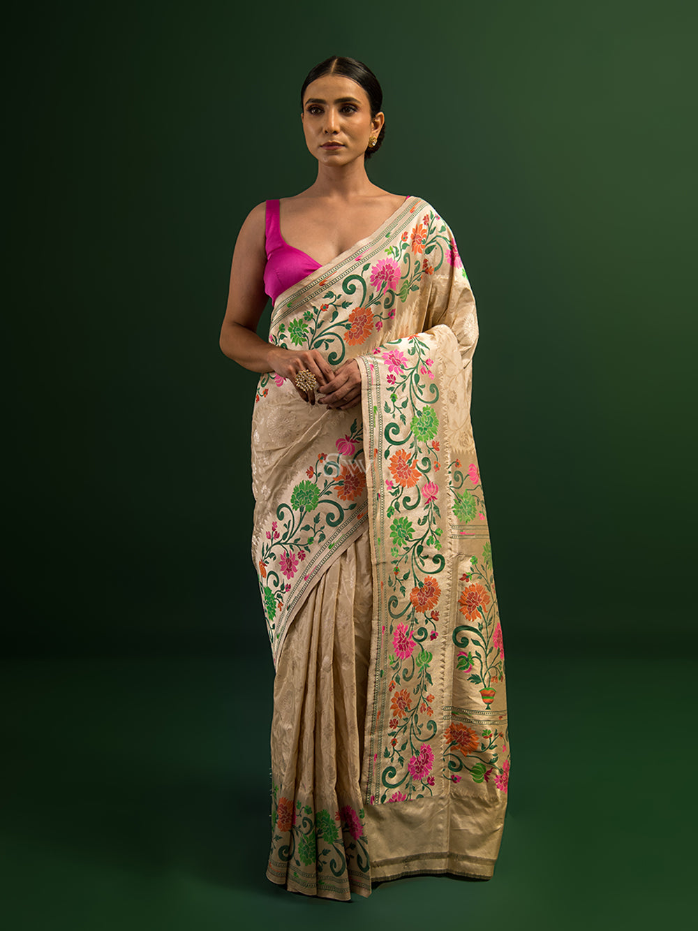 Cream Paithani Katan Silk Handloom Banarasi Saree - Sacred Weaves