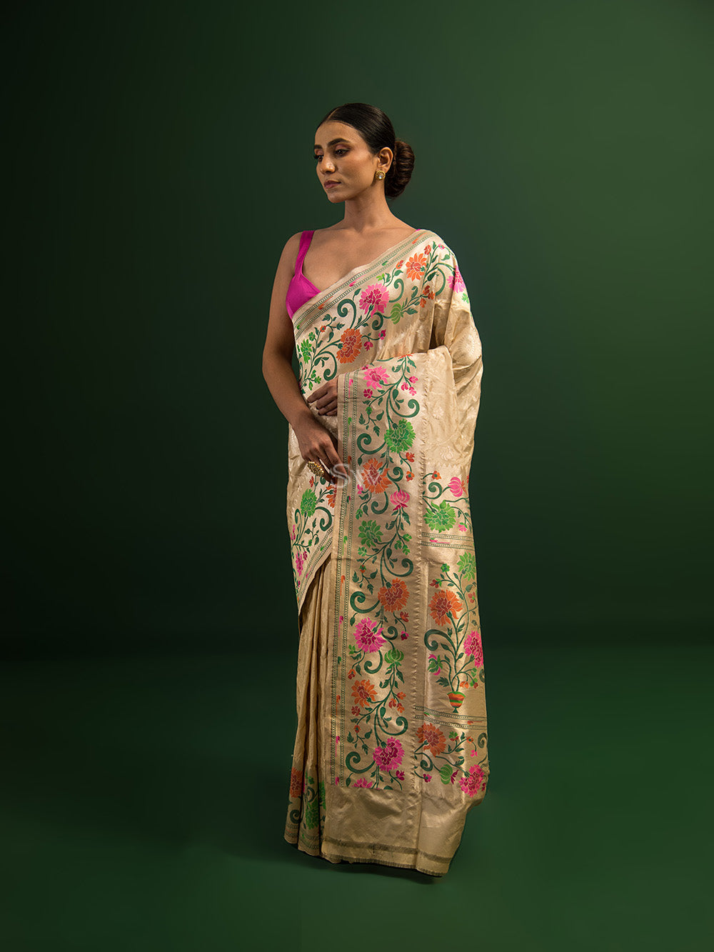 Cream Paithani Katan Silk Handloom Banarasi Saree - Sacred Weaves