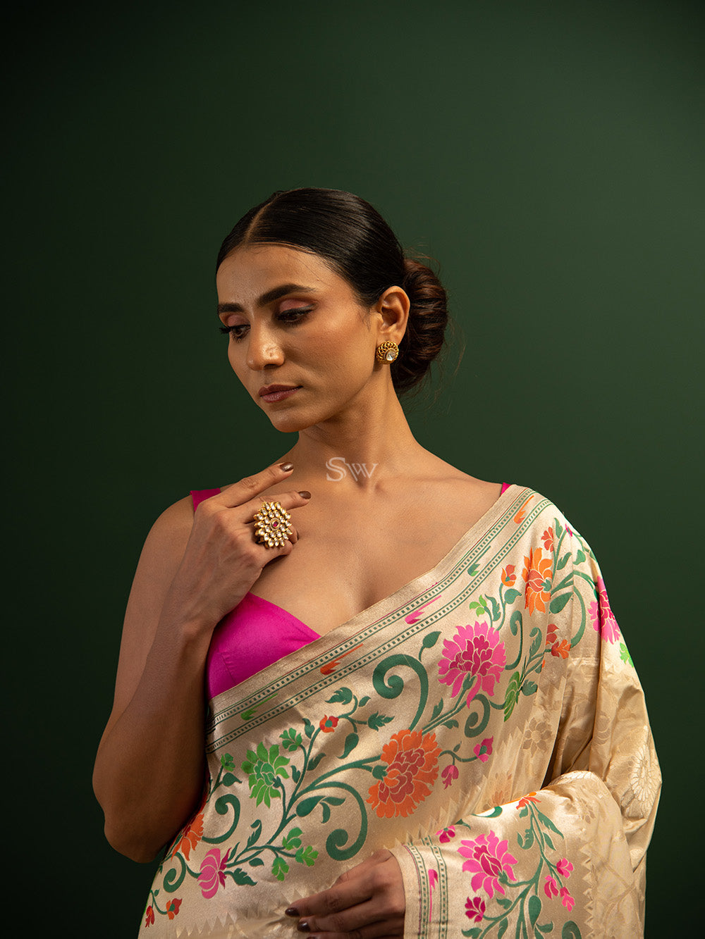Cream Paithani Katan Silk Handloom Banarasi Saree - Sacred Weaves