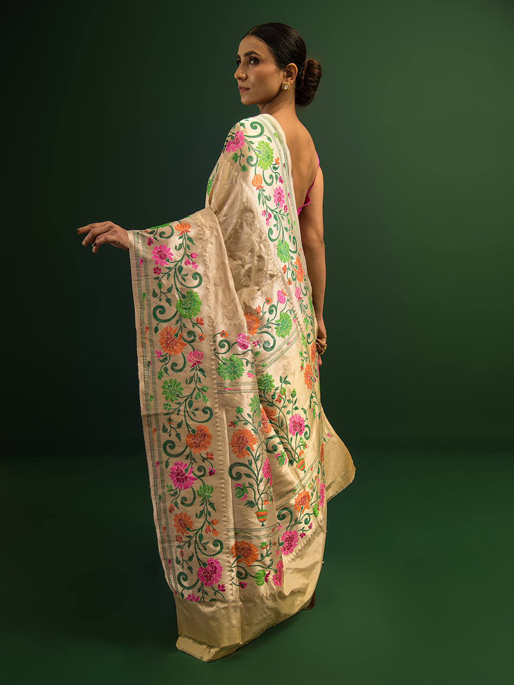 Cream Paithani Katan Silk Handloom Banarasi Saree - Sacred Weaves