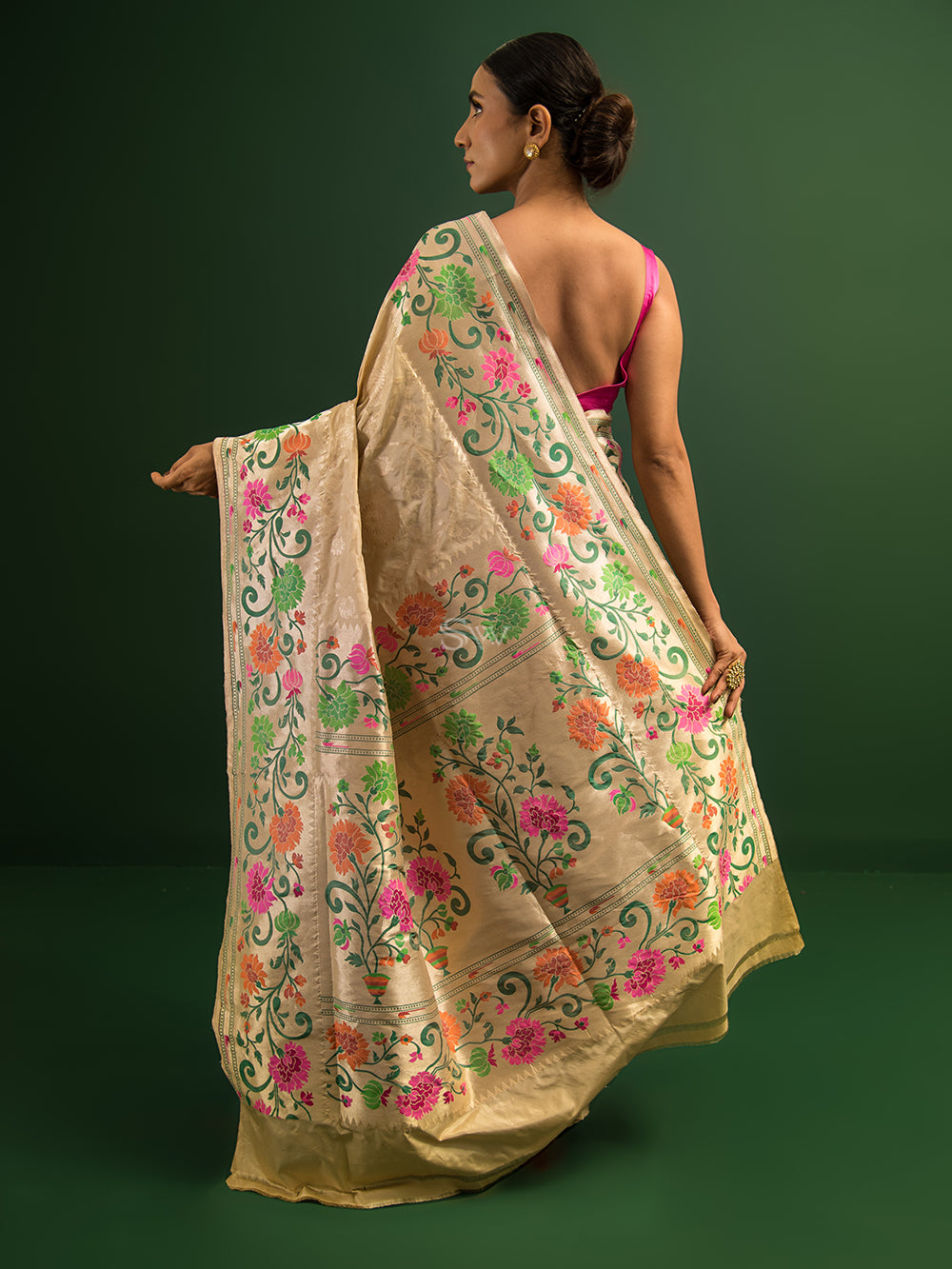 Cream Paithani Katan Silk Handloom Banarasi Saree - Sacred Weaves