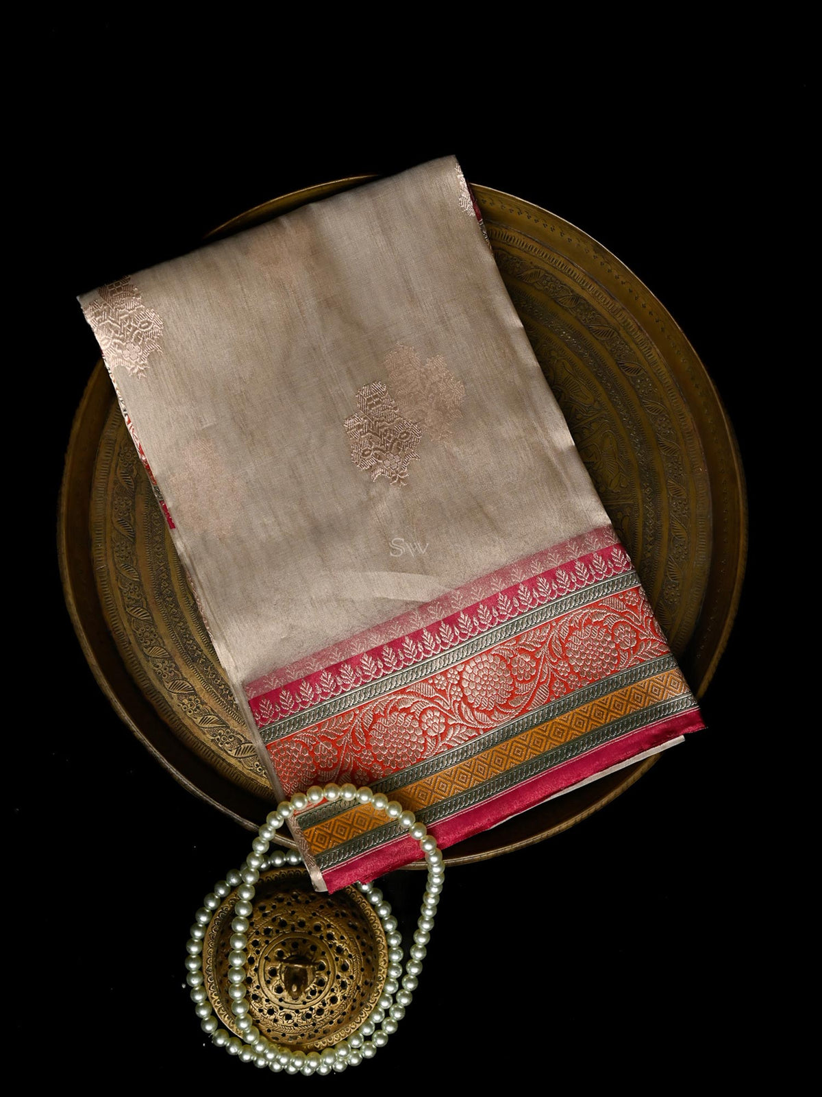 Beige Boota Organza Tissue Silk Handloom Banarasi Saree - Sacred Weaves