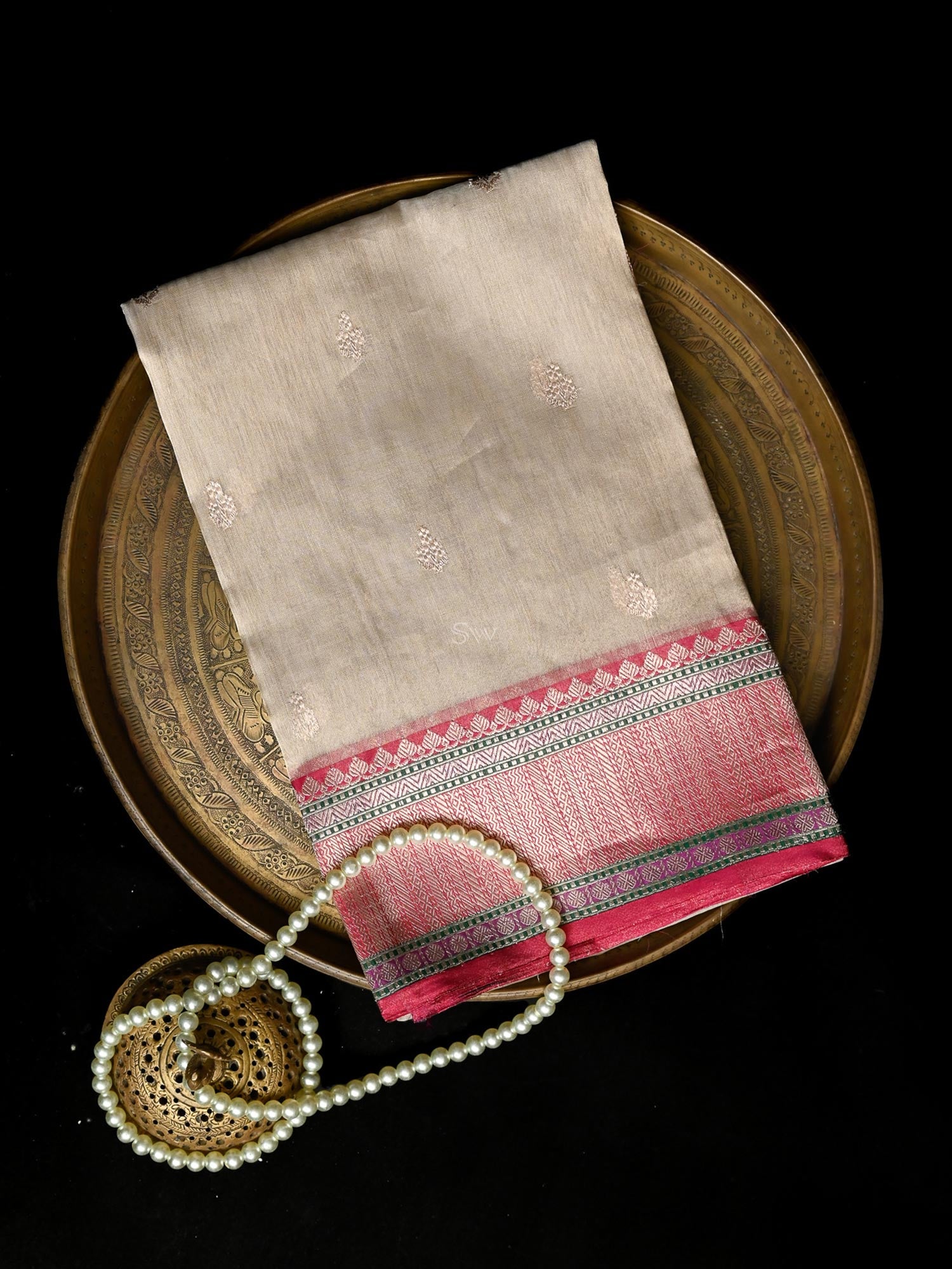 Beige Booti Organza Tissue Silk Handloom Banarasi Saree - Sacred Weaves
