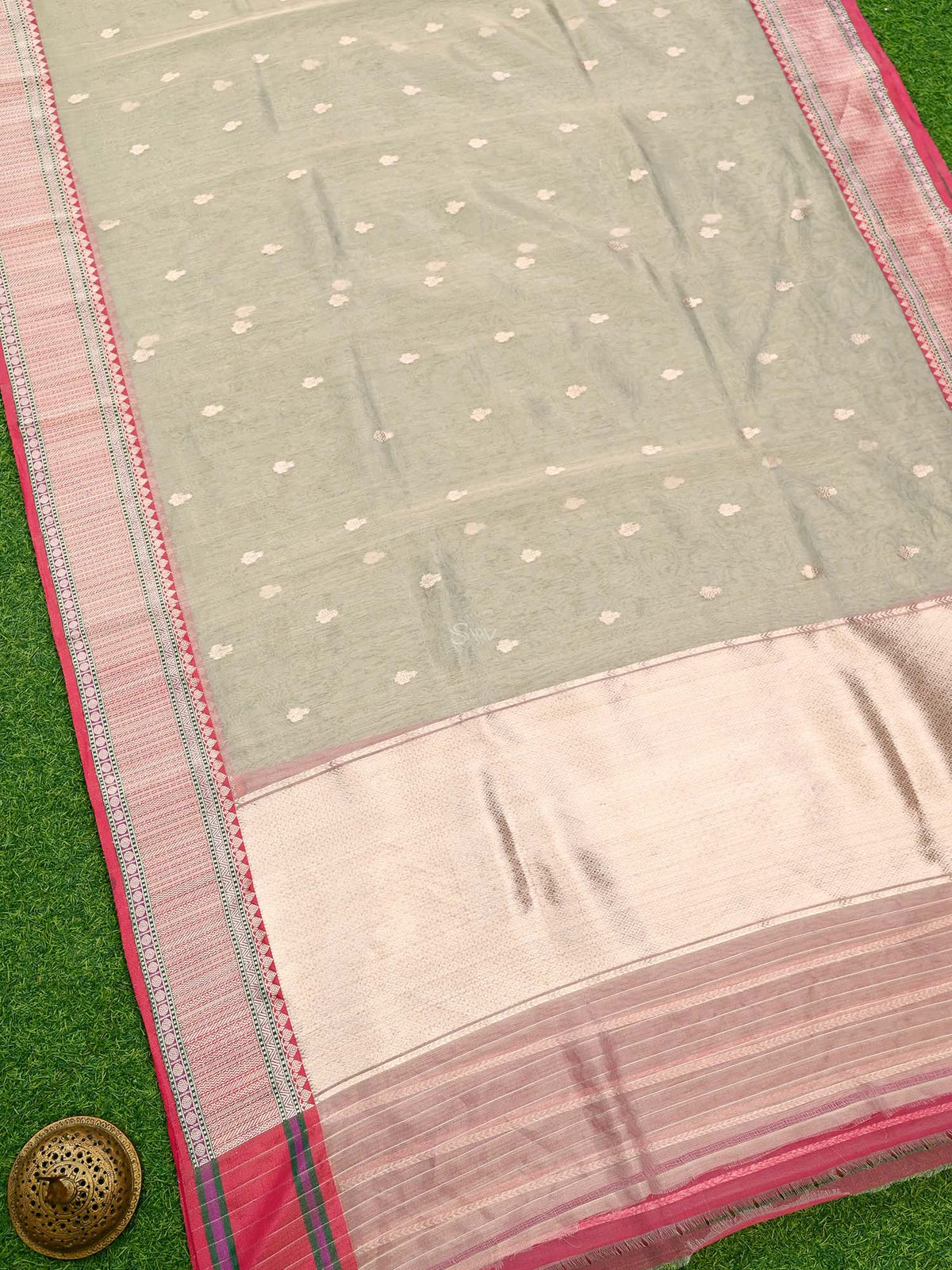 Beige Booti Organza Tissue Silk Handloom Banarasi Saree - Sacred Weaves