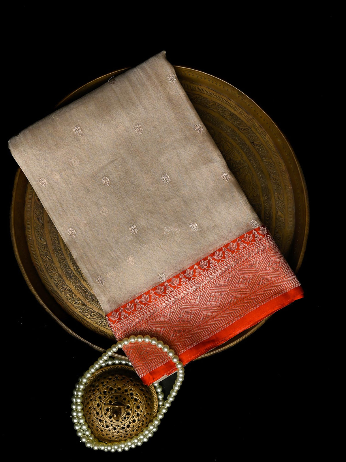 Beige Booti Organza Tissue Silk Handloom Banarasi Saree - Sacred Weaves