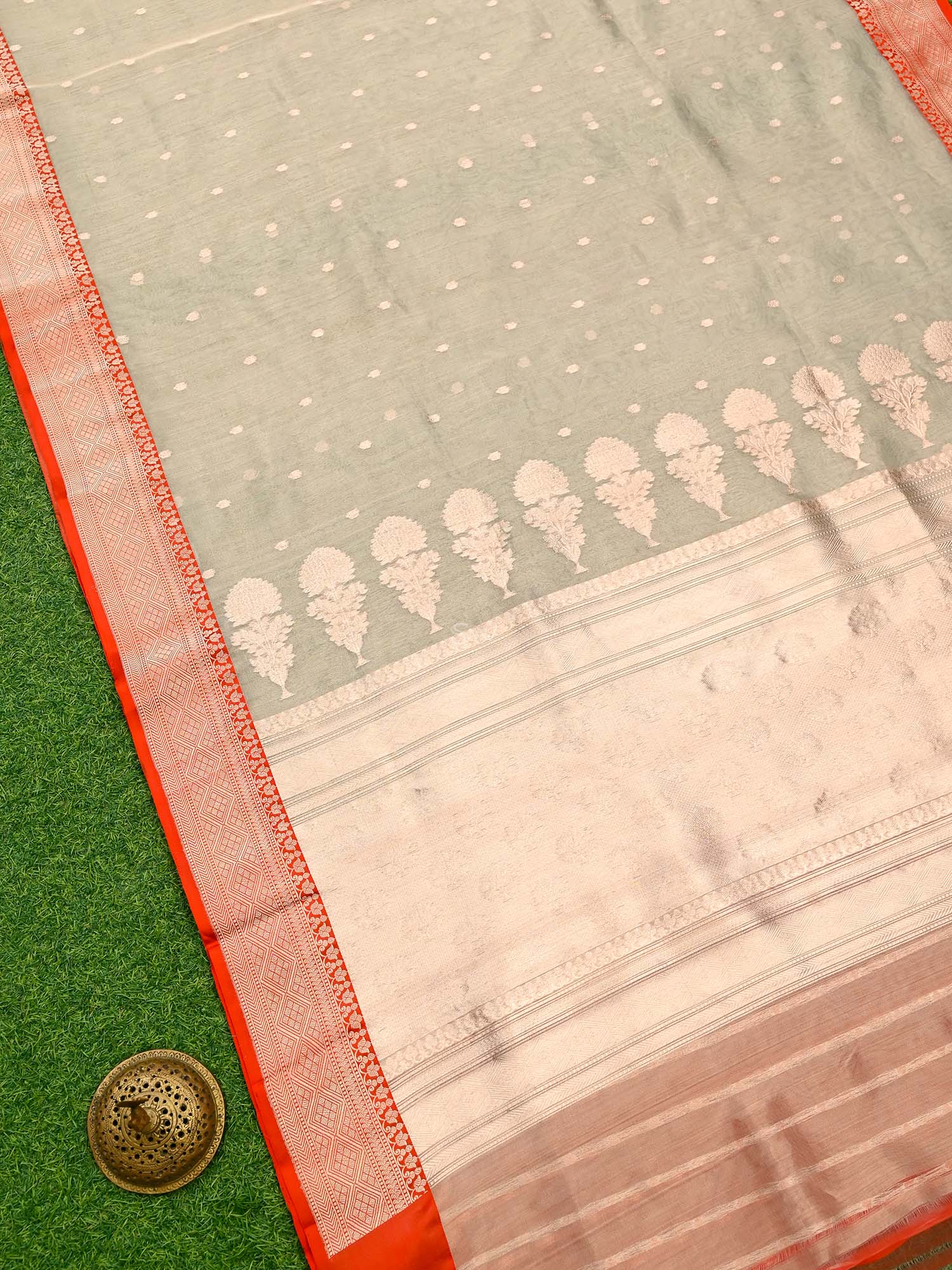 Beige Booti Organza Tissue Silk Handloom Banarasi Saree - Sacred Weaves