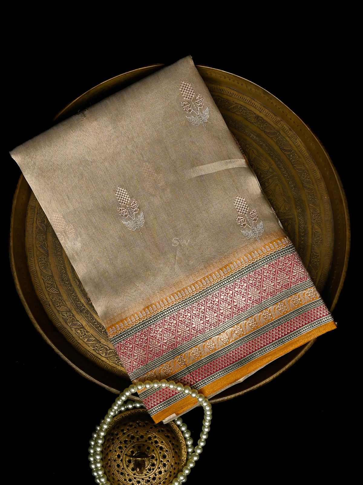 Beige Boota Organza Tissue Silk Handloom Banarasi Saree - Sacred Weaves