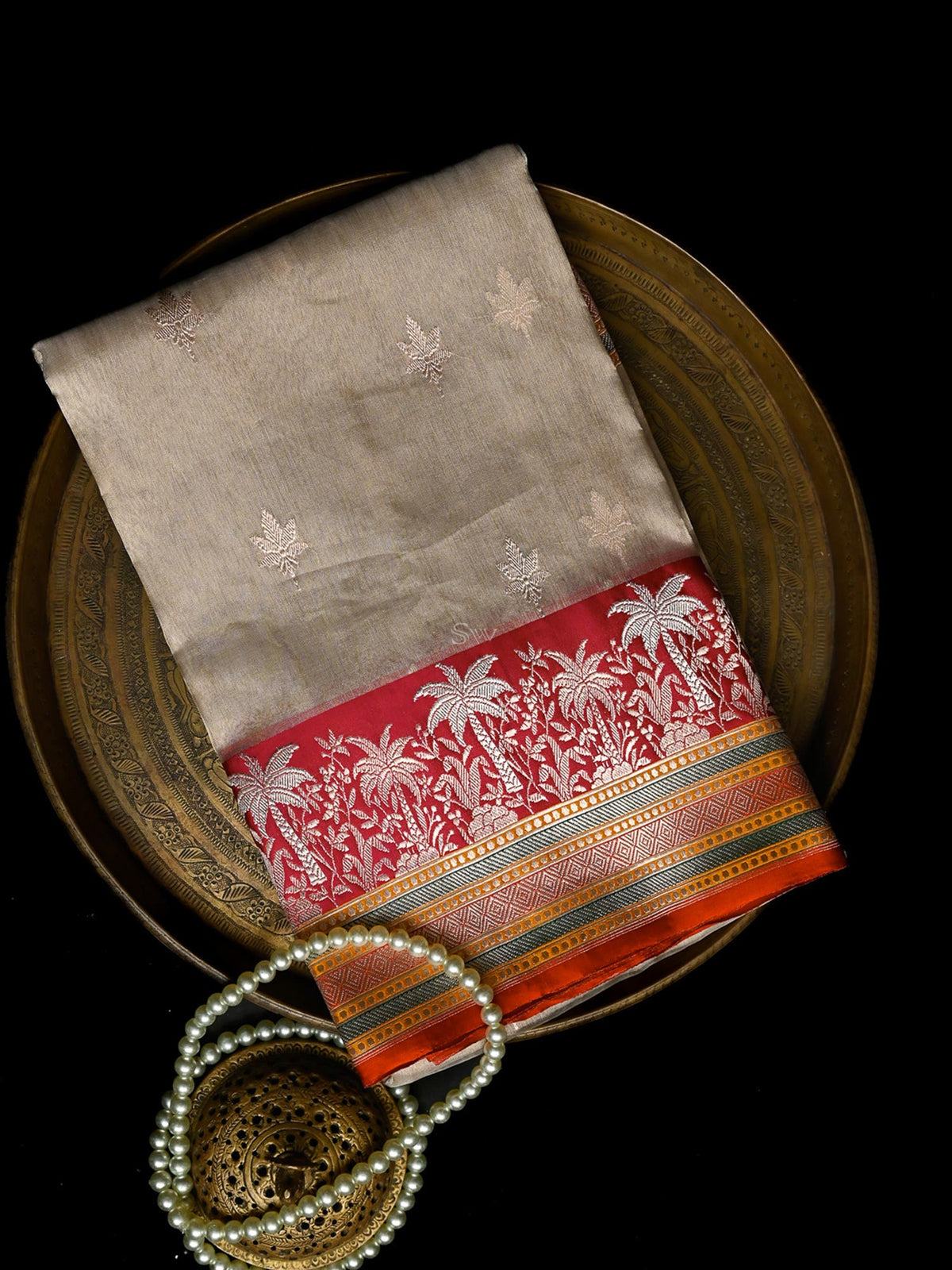 Beige Booti Organza Tissue Silk Handloom Banarasi Saree - Sacred Weaves
