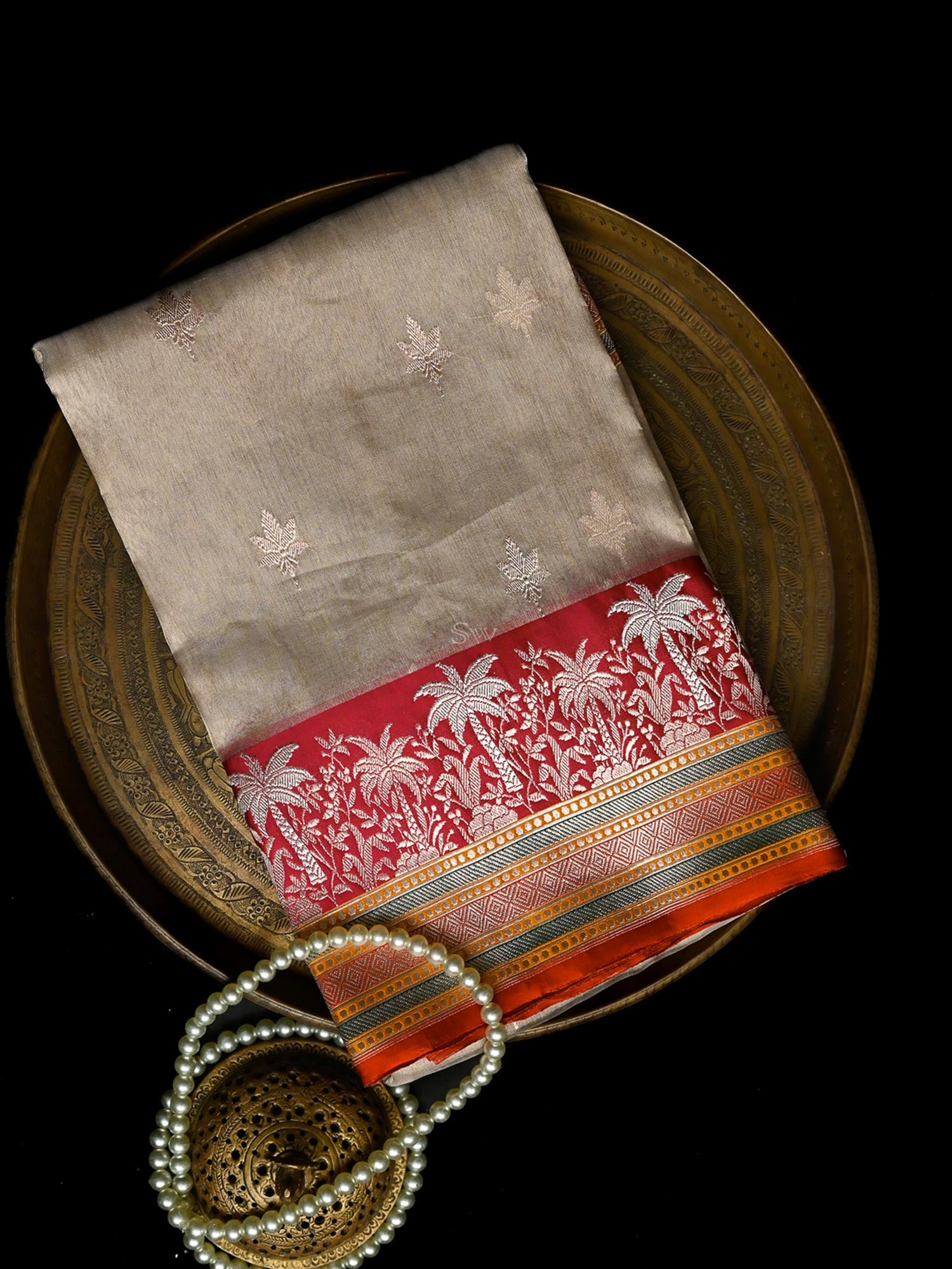 Beige Booti Organza Tissue Silk Handloom Banarasi Saree - Sacred Weaves