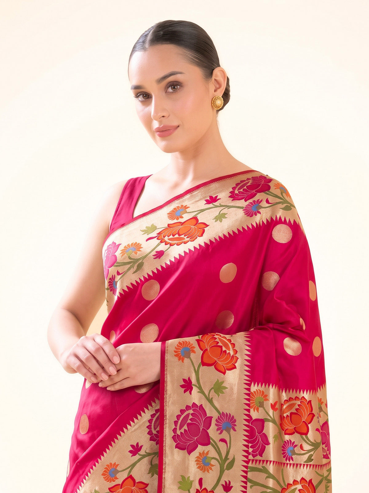 Pink Red Boota Paithani Katan Silk Handloom Banarasi Saree - Sacred Weaves