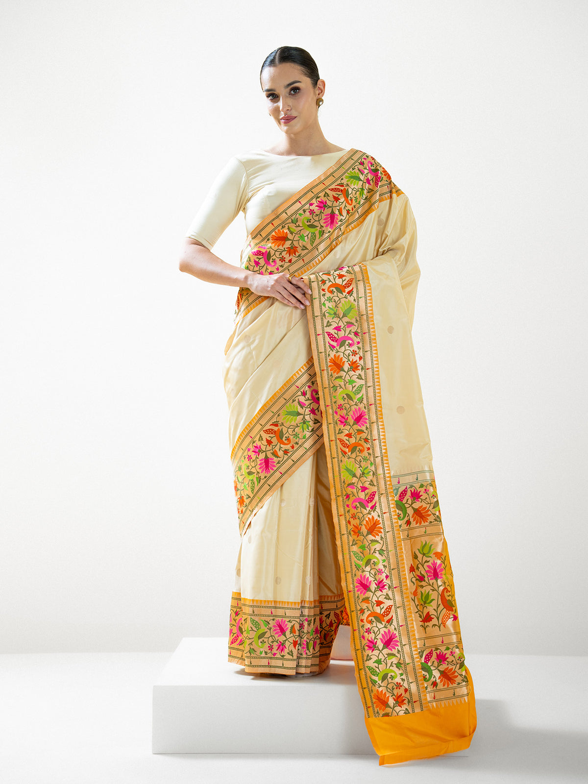 Cream Booti Paithani Katan Silk Handloom Banarasi Saree - Sacred Weaves