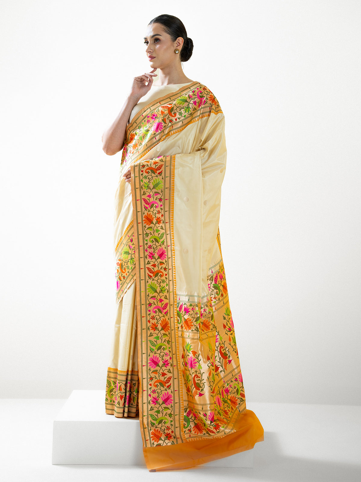 Cream Booti Paithani Katan Silk Handloom Banarasi Saree - Sacred Weaves