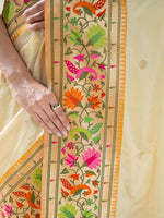 Cream Booti Paithani Katan Silk Handloom Banarasi Saree - Sacred Weaves