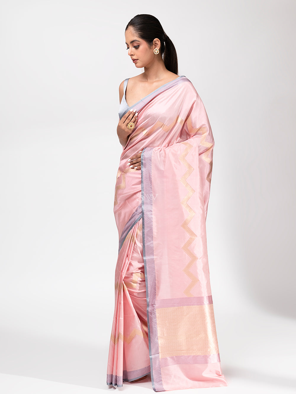 Pastel Pink Stripe Katan Silk Handloom Banarasi Saree - Sacred Weaves