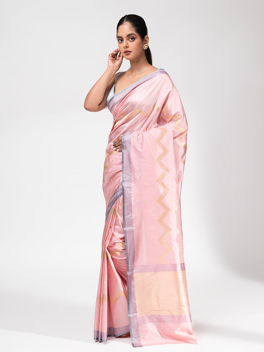 Pastel Pink Stripe Katan Silk Handloom Banarasi Saree - Sacred Weaves