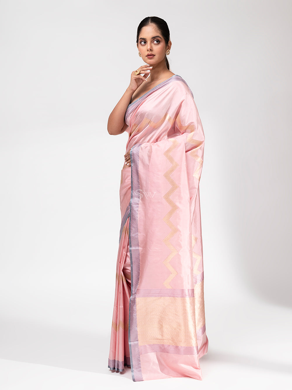 Pastel Pink Stripe Katan Silk Handloom Banarasi Saree - Sacred Weaves