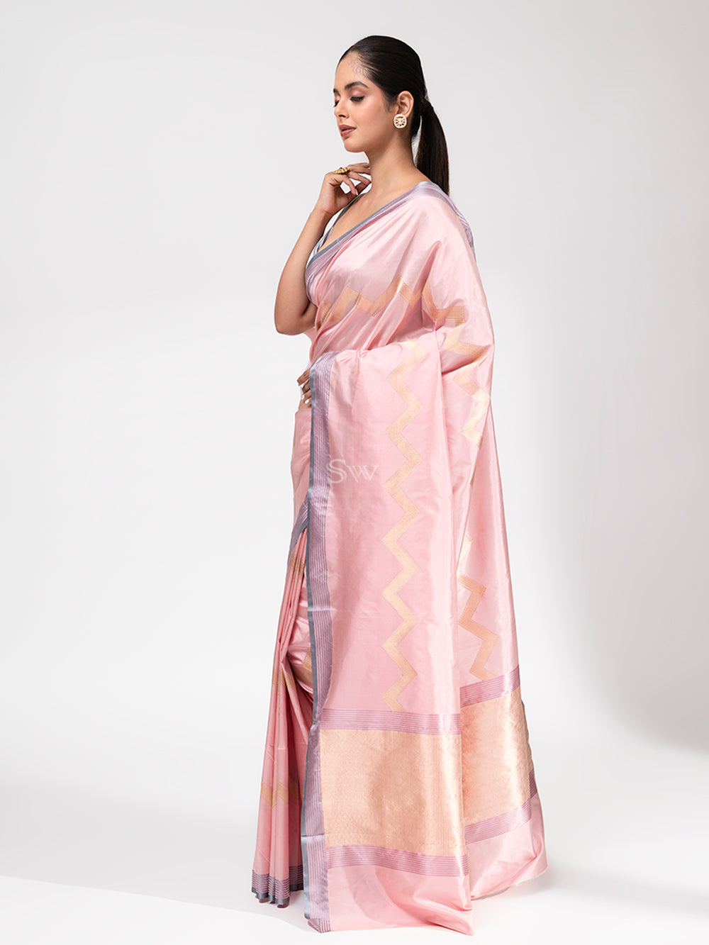 Pastel Pink Stripe Katan Silk Handloom Banarasi Saree - Sacred Weaves