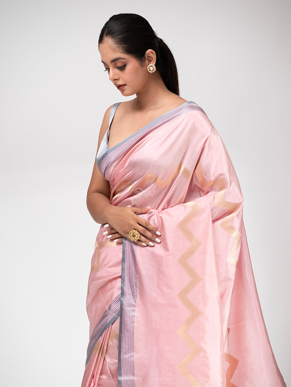 Pastel Pink Stripe Katan Silk Handloom Banarasi Saree - Sacred Weaves