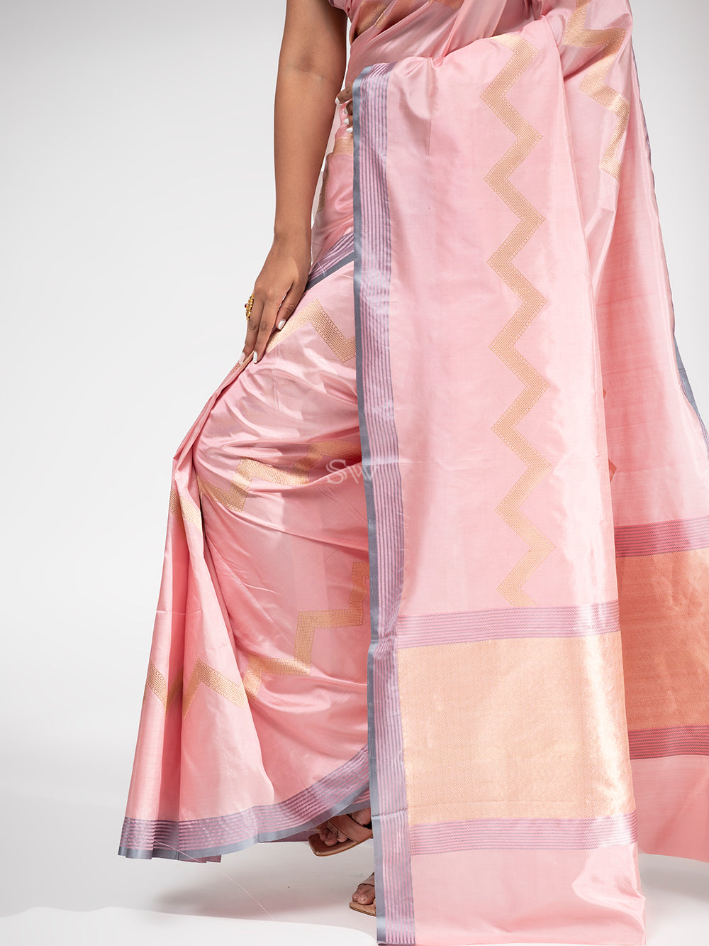 Pastel Pink Stripe Katan Silk Handloom Banarasi Saree - Sacred Weaves