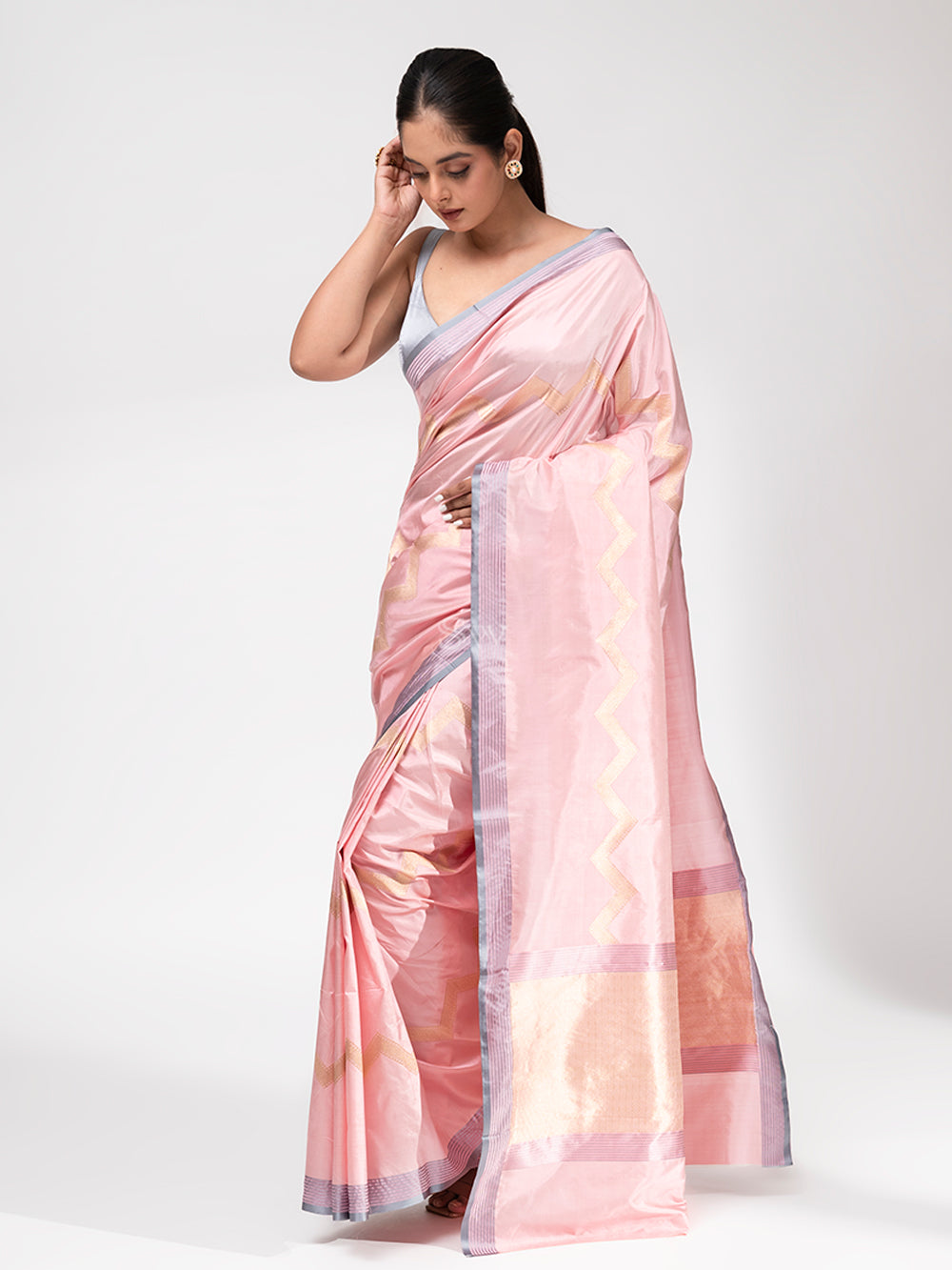 Pastel Pink Stripe Katan Silk Handloom Banarasi Saree - Sacred Weaves