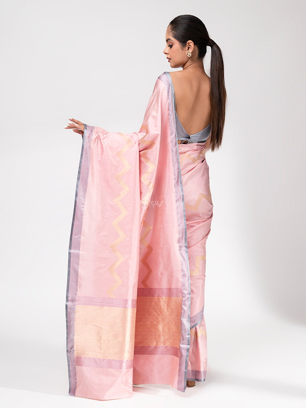 Pastel Pink Stripe Katan Silk Handloom Banarasi Saree - Sacred Weaves