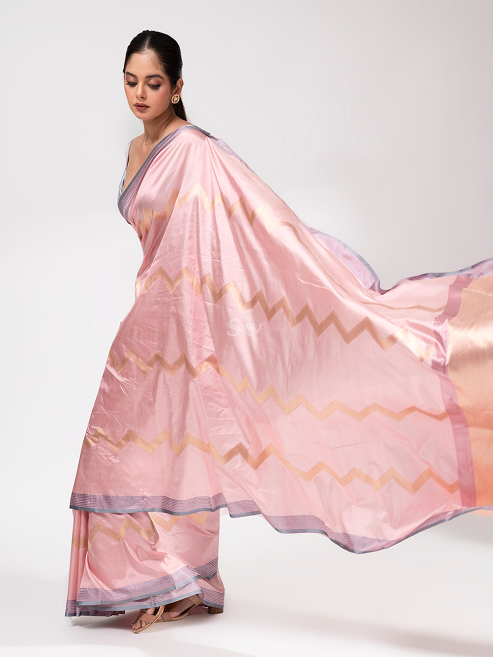 Pastel Pink Stripe Katan Silk Handloom Banarasi Saree - Sacred Weaves