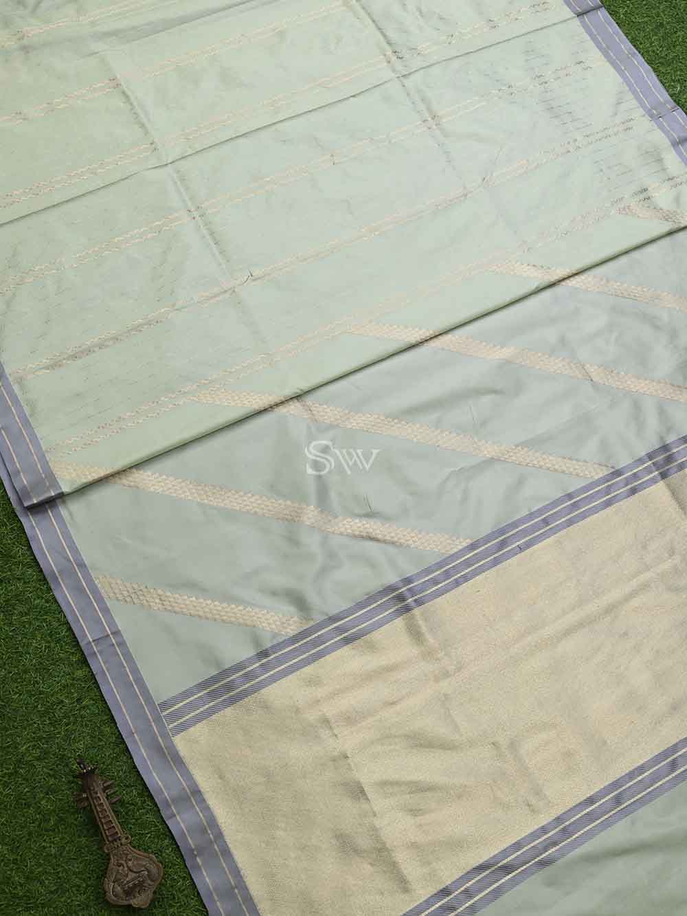 Pastel Olive Green Stripe Katan Silk Handloom Banarasi Saree - Sacred Weaves