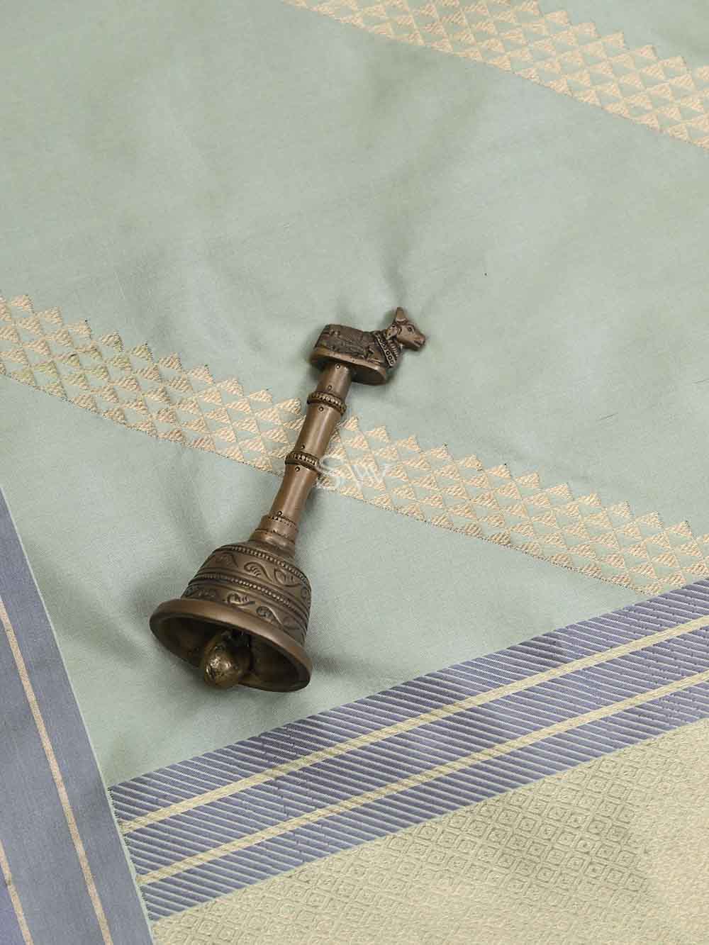 Pastel Olive Green Stripe Katan Silk Handloom Banarasi Saree - Sacred Weaves