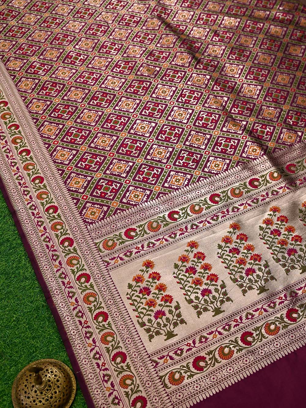 Wine Paithani Meenakari Katan Silk Handloom Banarasi Saree - Sacred Weaves