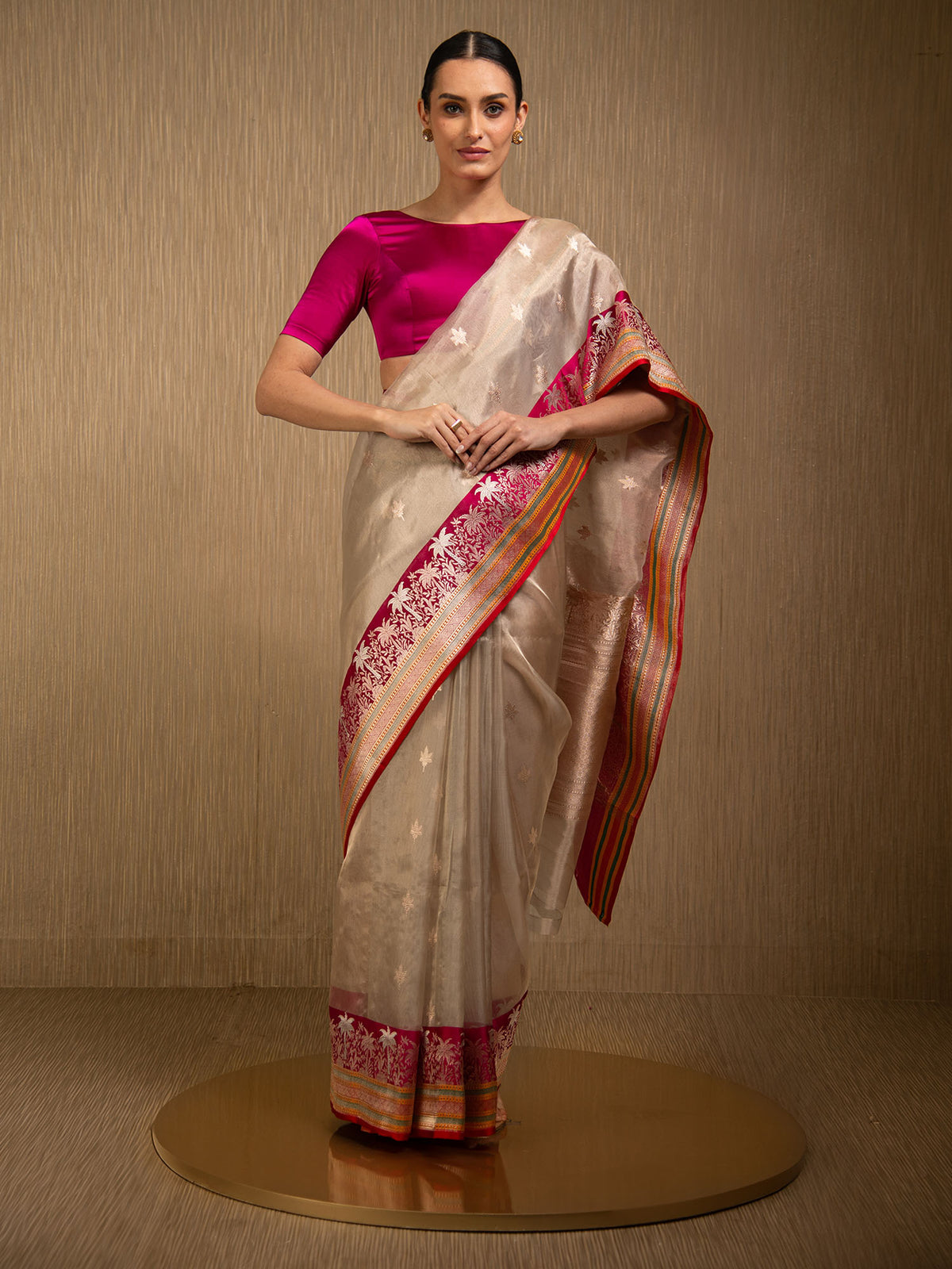 Beige Booti Organza Tissue Silk Handloom Banarasi Saree