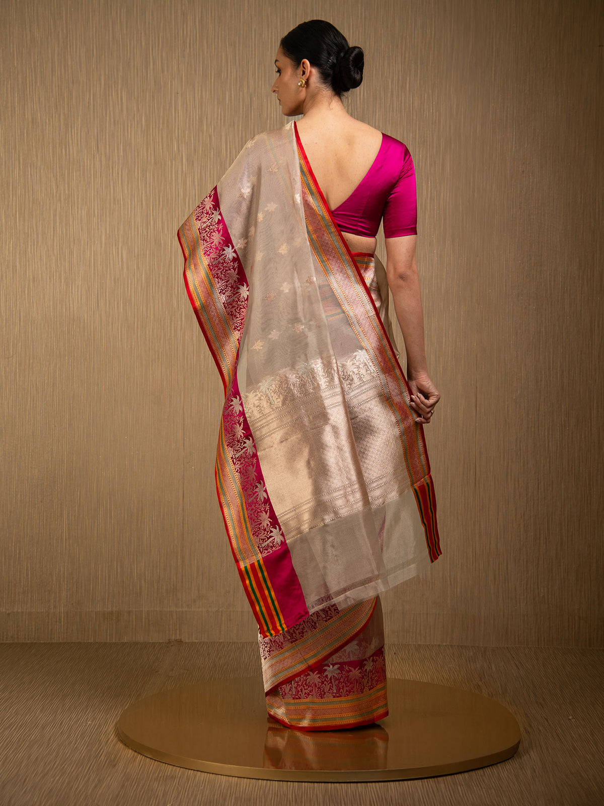 Beige Booti Organza Tissue Silk Handloom Banarasi Saree