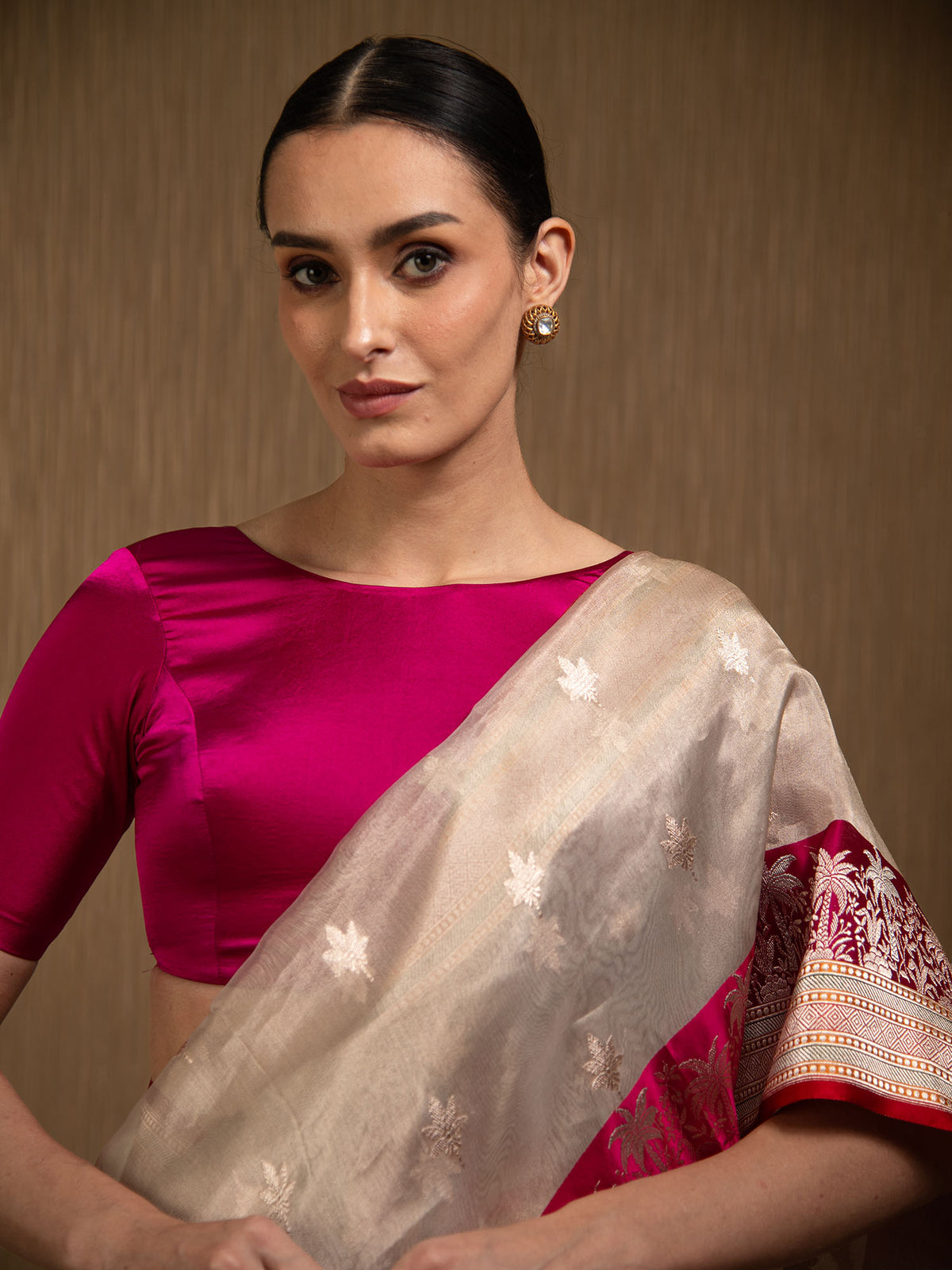 Beige Booti Organza Tissue Silk Handloom Banarasi Saree