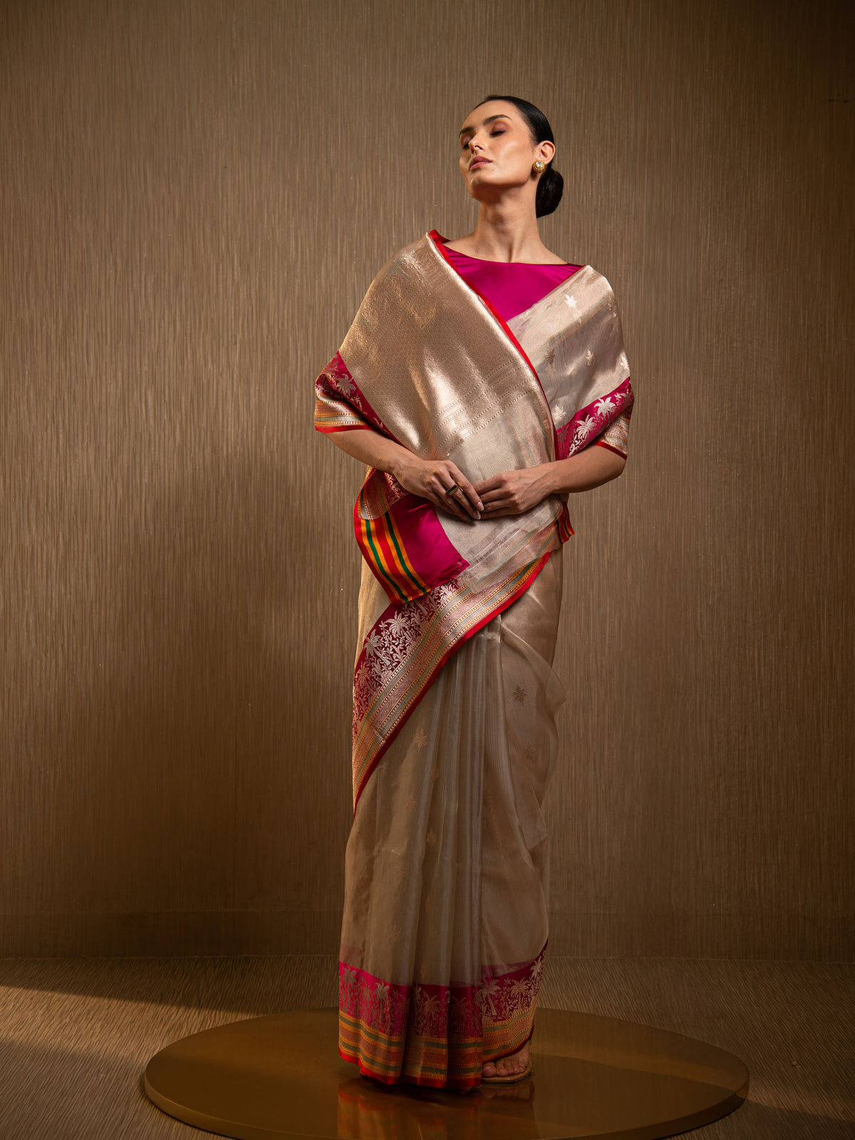 Beige Booti Organza Tissue Silk Handloom Banarasi Saree