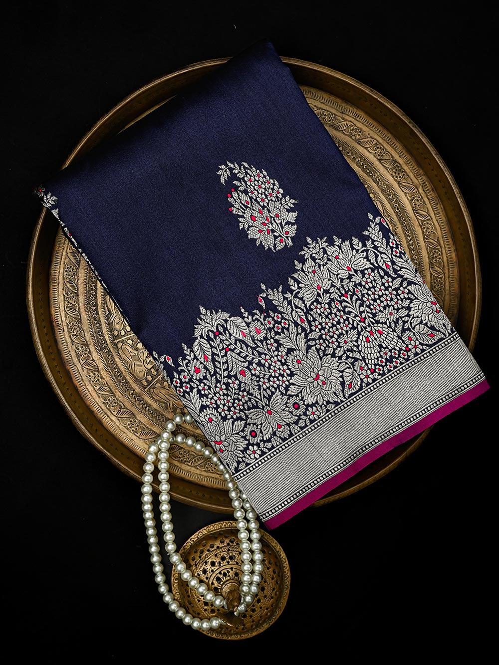 Navy Blue Meenakari Boota Tussar Silk Handloom Banarasi Saree
