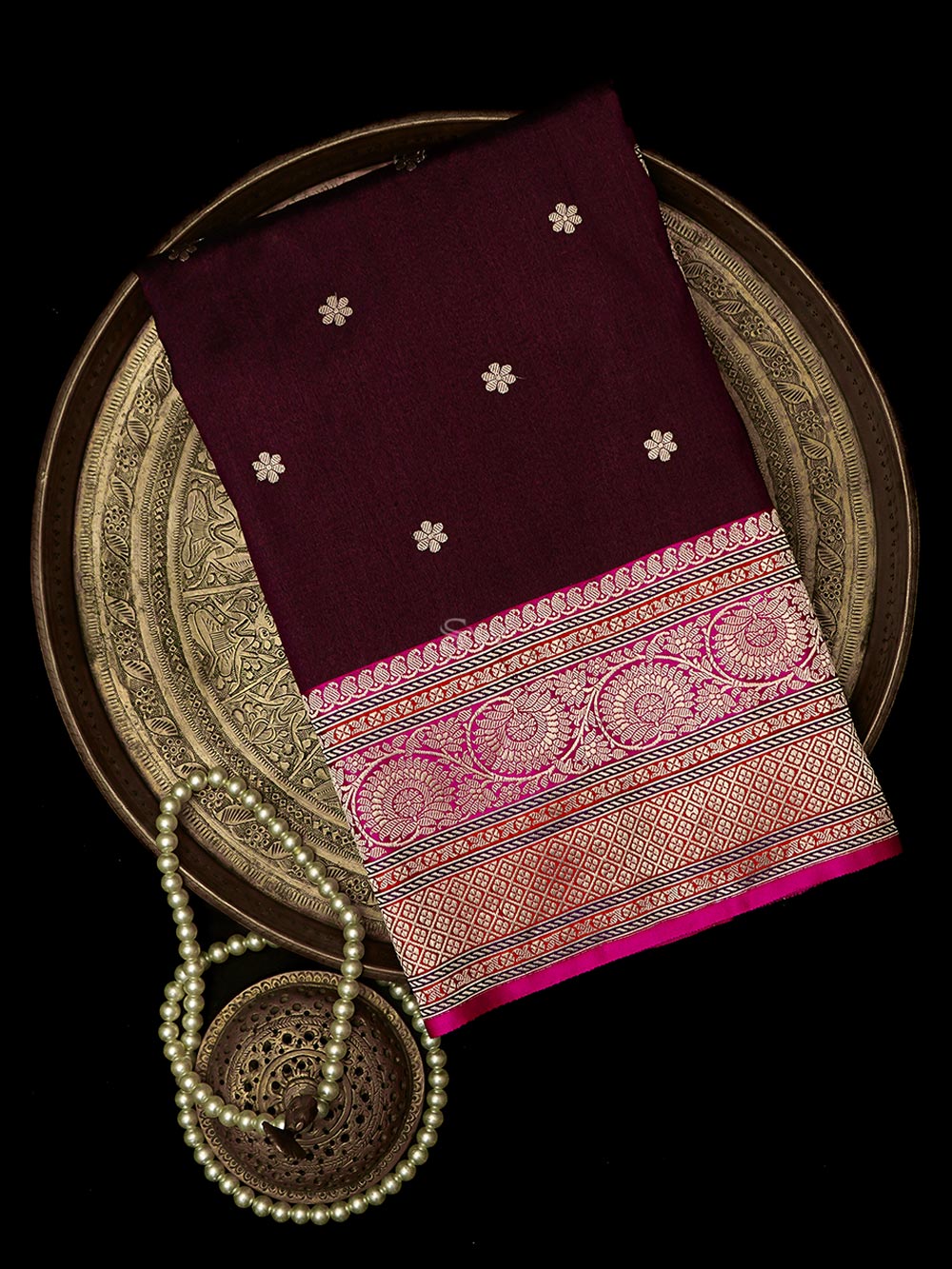 Wine Booti Konia Tussar Silk Handloom Banarasi Saree