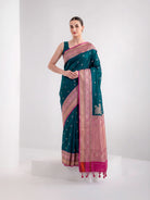 Teal Green Booti Konia Tussar Silk Handloom Banarasi Saree - Sacred Weaves