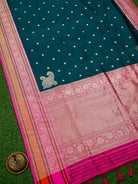 Teal Green Booti Konia Tussar Silk Handloom Banarasi Saree - Sacred Weaves