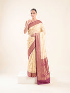 Cream Floral Zari Boota Katan Silk Handloom Banarasi Saree - Sacred Weaves