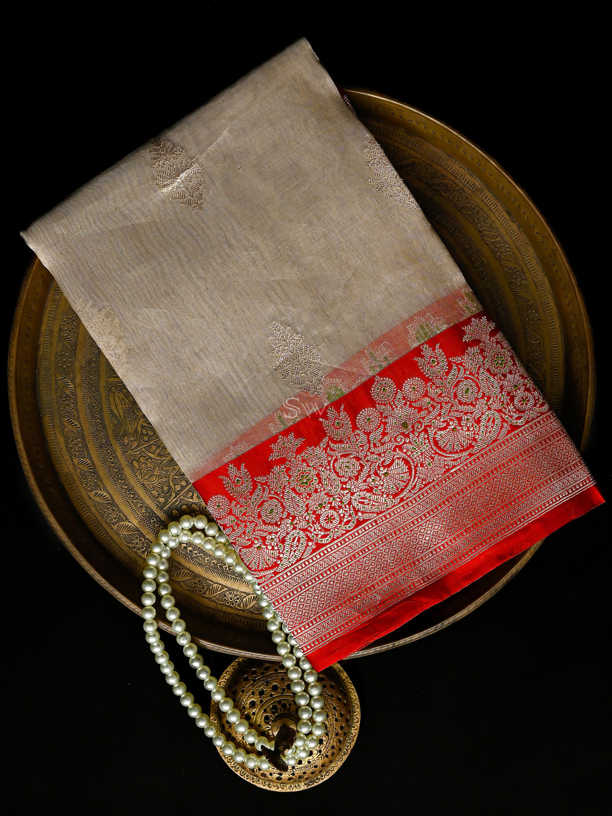 Beige Booti Organza Tissue Silk Handloom Banarasi Saree